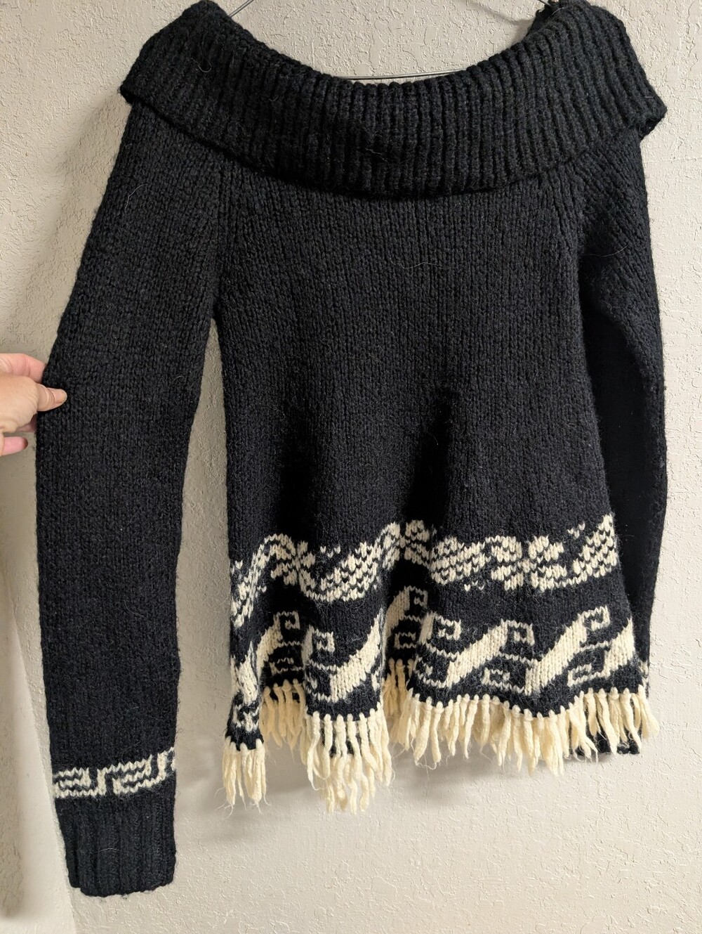Free People Wool Blend Sweater S Black Cream Cowl Neck Flowy Tassel Aztec Print